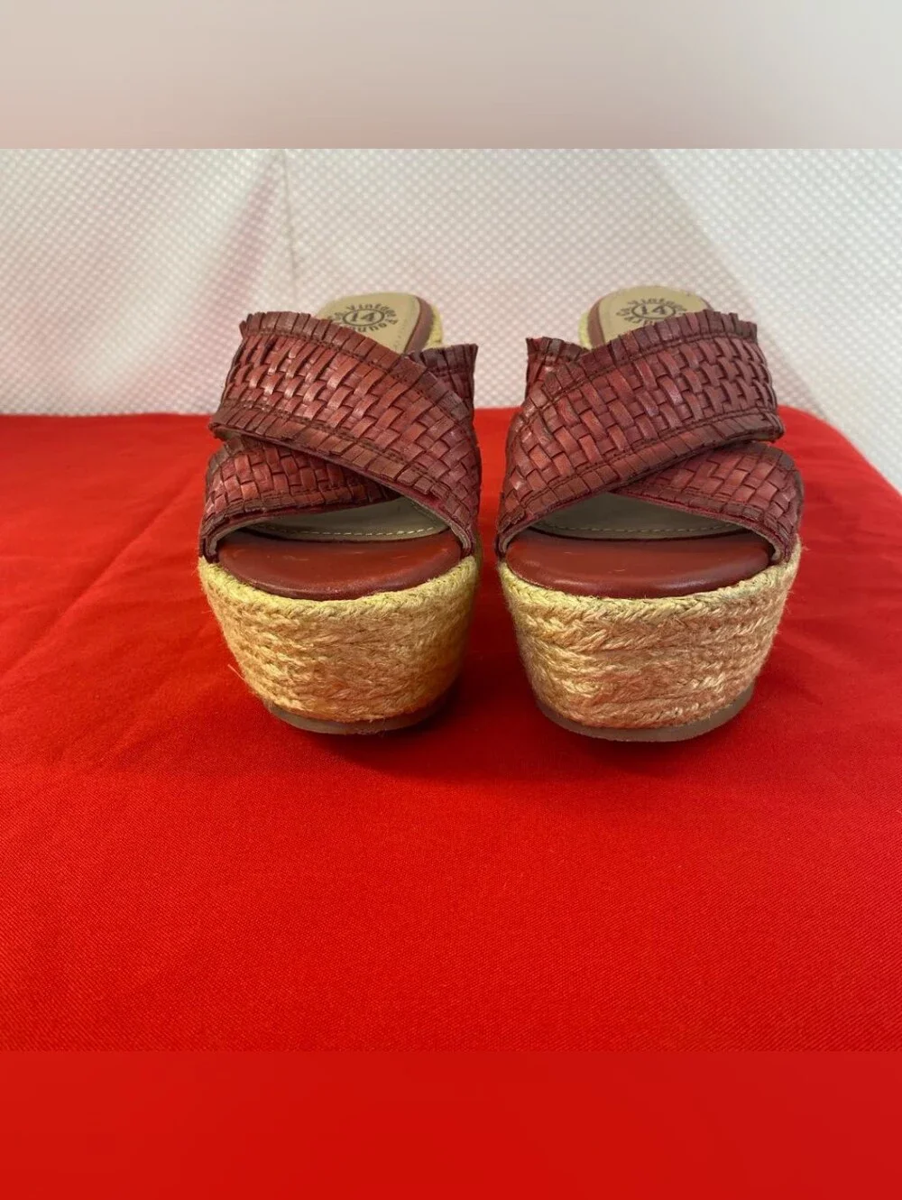 Vintage Foundry Co Lorie Red Woven Leather Platform Wedge Sandal 8.5